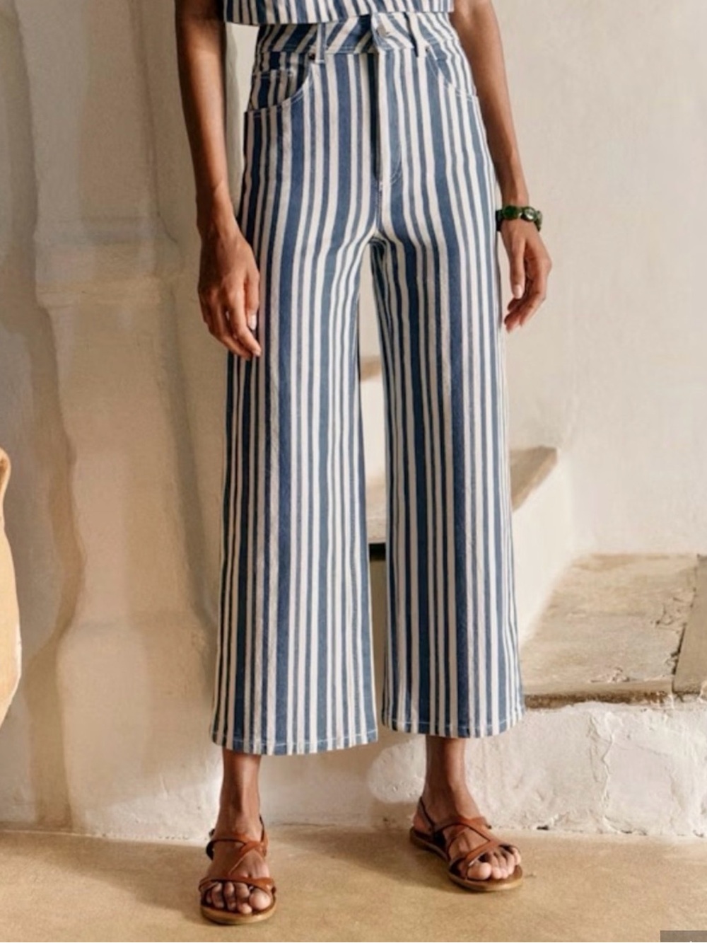 Sezane Blue & White Vertical-Stripe Wide-Leg Crop Pants